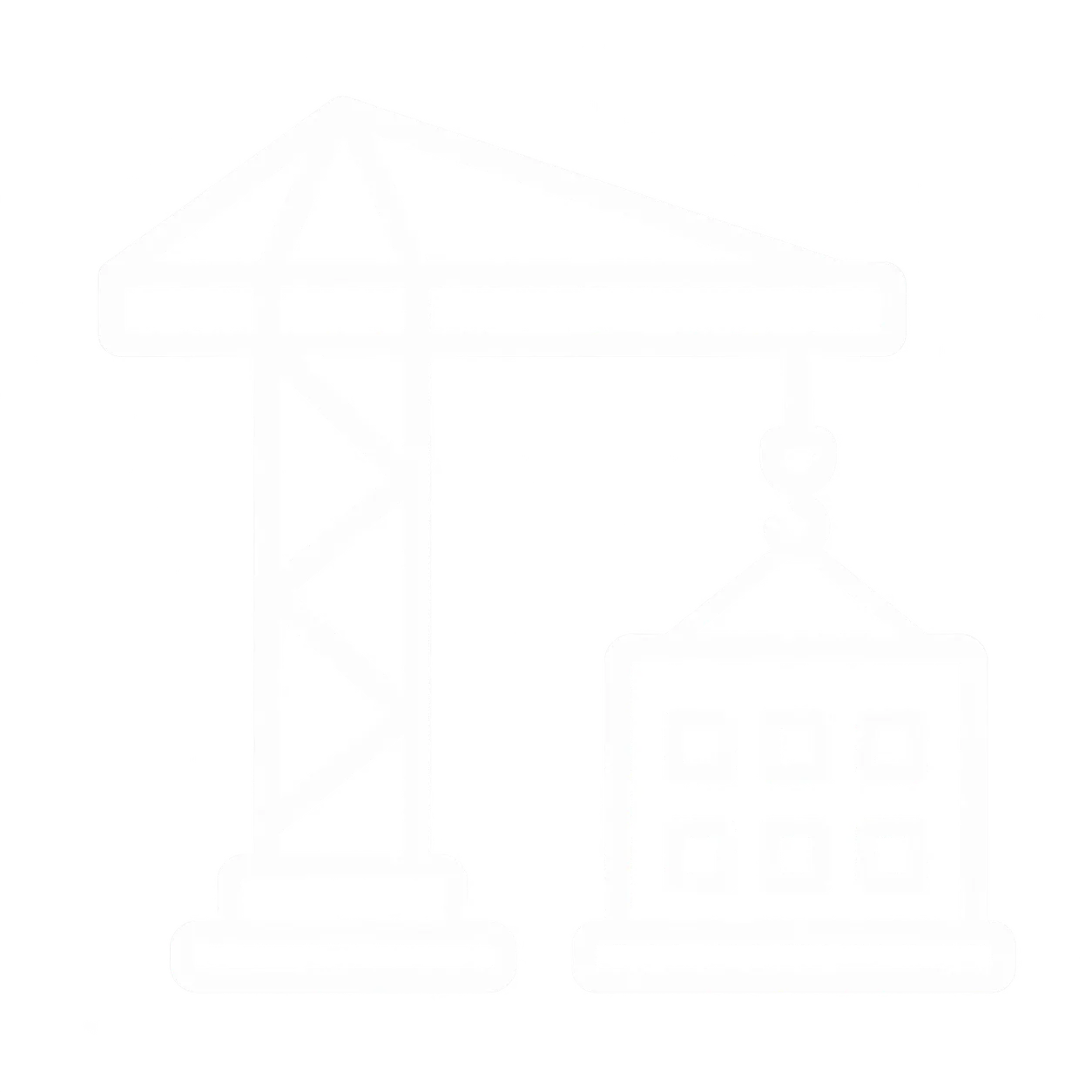 White line art icon of a construction crane lifting a cargo container with six square windows, set against a transparent background.
