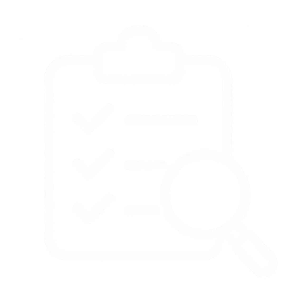 Icon of a clipboard with three checkmarks on a checklist and a magnifying glass in front right, symbolizing task review or inspection.