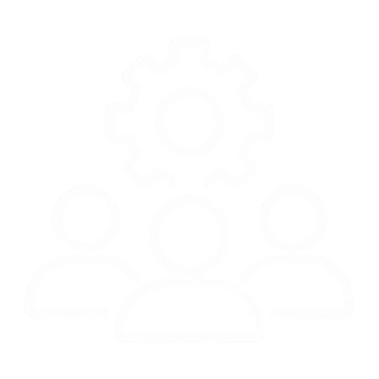 Icon of three user figures with a large gear above the center figure, representing team settings or group management.