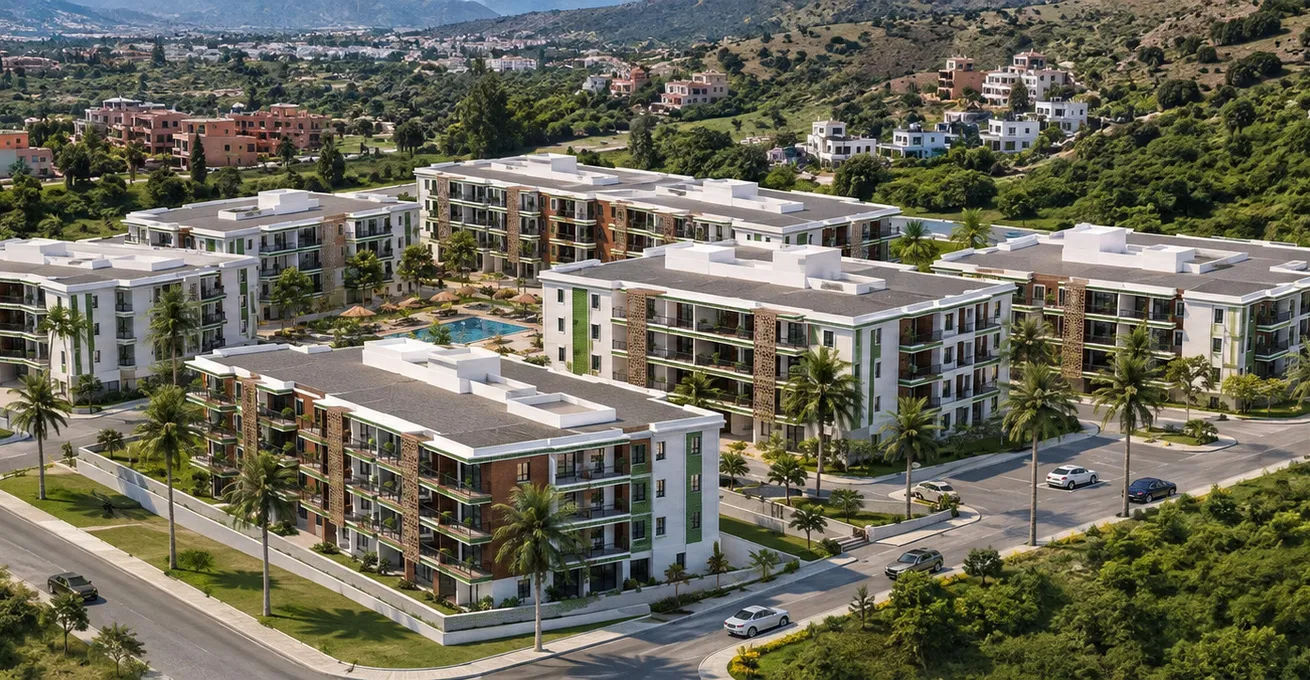 Aerial view of a modern residential complex with several four-story apartment buildings surrounded by palm trees and greenery, with a swimming pool in the center and hills with houses in the background.
