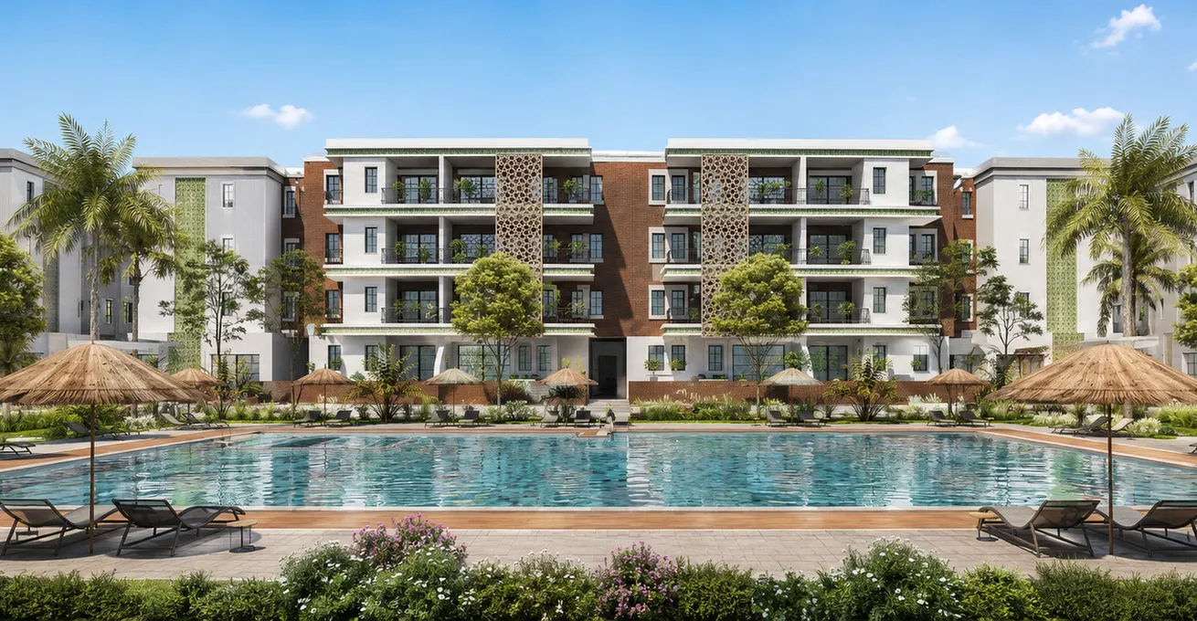 Modern apartment complex with a large rectangular swimming pool in front, surrounded by lounge chairs and thatched umbrellas, set against a clear blue sky.