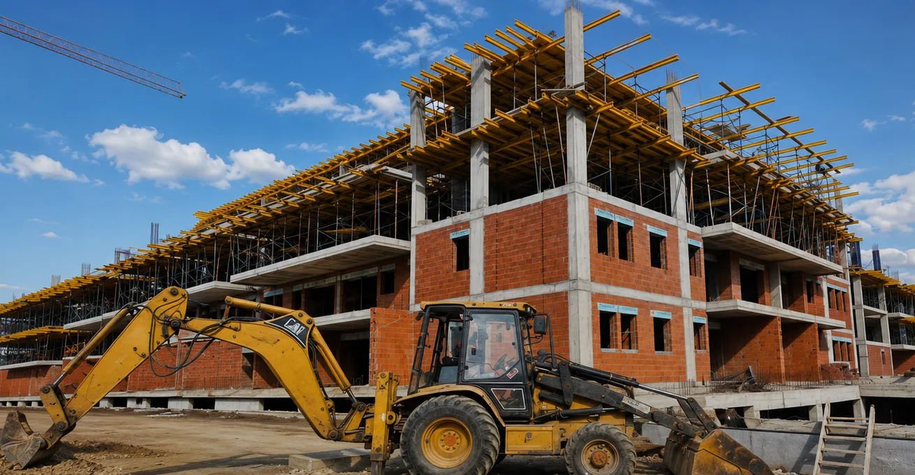 Partially constructed multi-story building with exposed red brick walls and concrete columns under a blue sky with scattered clouds, alongside a yellow backhoe loader parked on dirt ground.