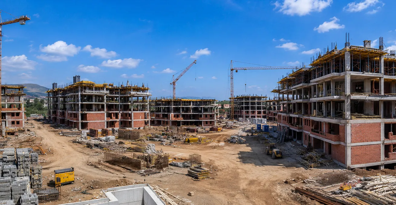 Wide view of a construction site with multiple partially built brick and concrete buildings, cranes, construction materials, and machinery under a blue sky with scattered clouds.