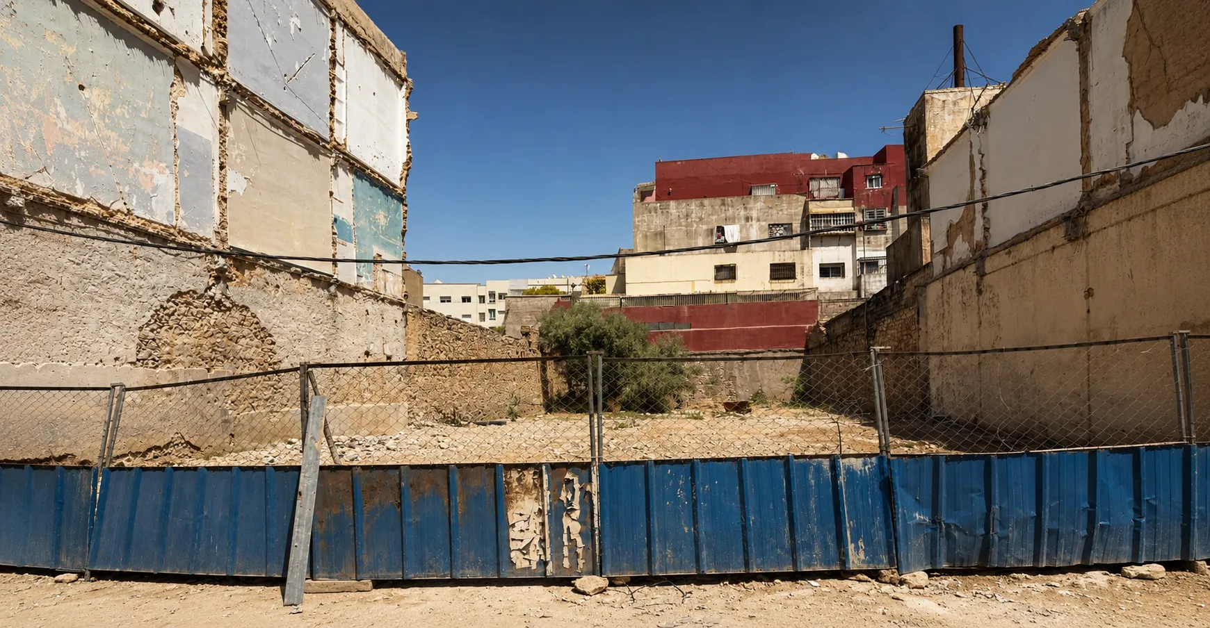 Empty dusty lot enclosed by a worn blue metal fence and a chain-link fence, surrounded by old buildings with peeling plaster walls under a clear blue sky.