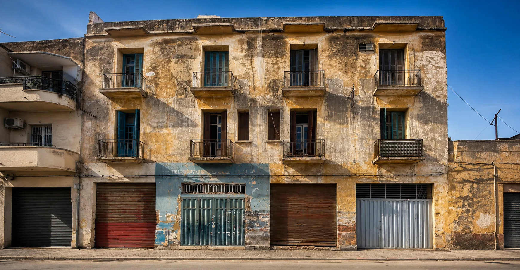 A weathered two-story building with faded yellow walls, featuring six small balconies with metal railings, some with open shutters, and a row of five varied garage doors on the ground level, set under a clear blue sky.