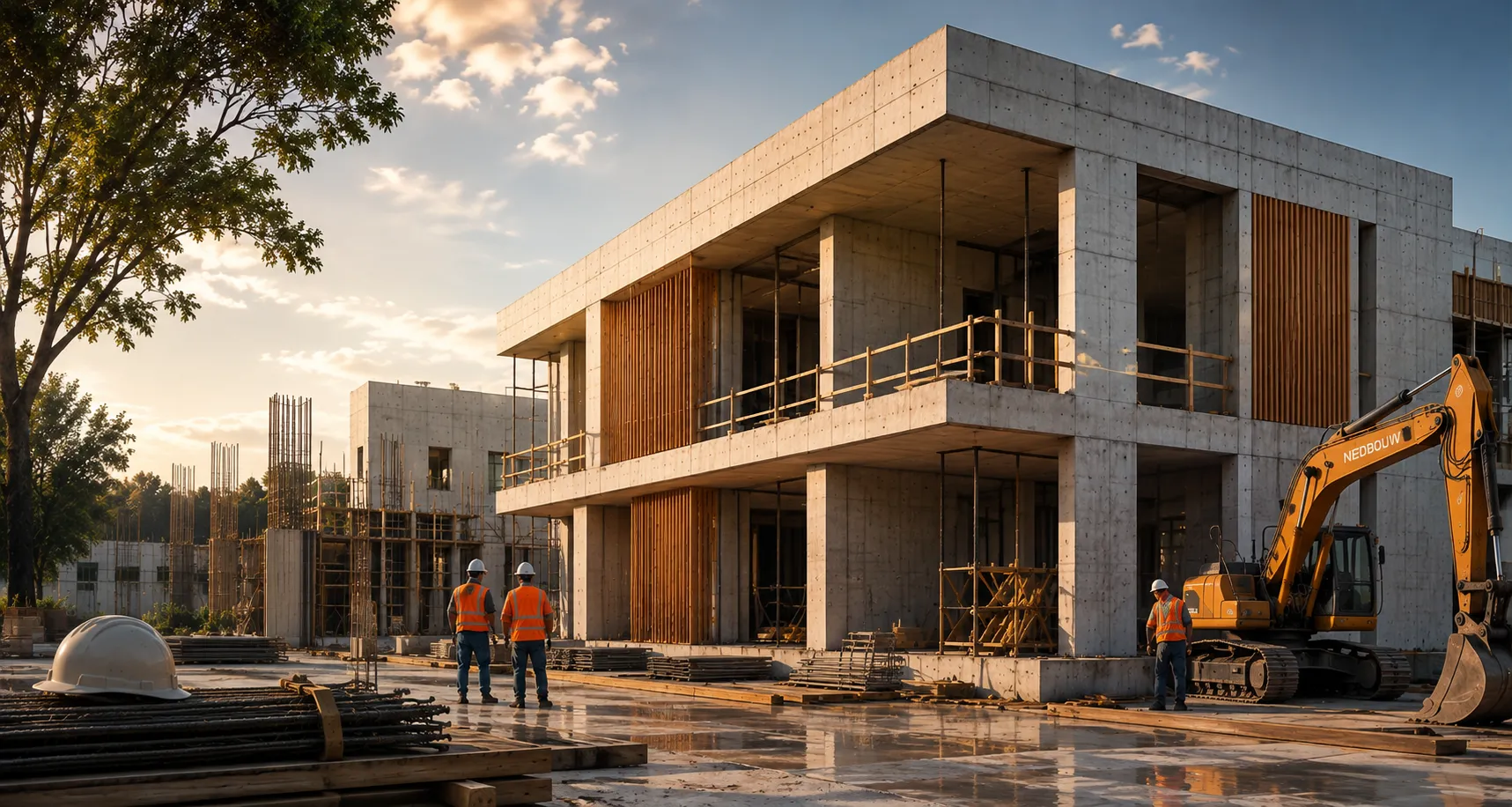 Construction site with a modern concrete building under construction, two workers in orange safety vests and helmets standing together, another worker near an excavator, and construction materials scattered on the ground during sunset.