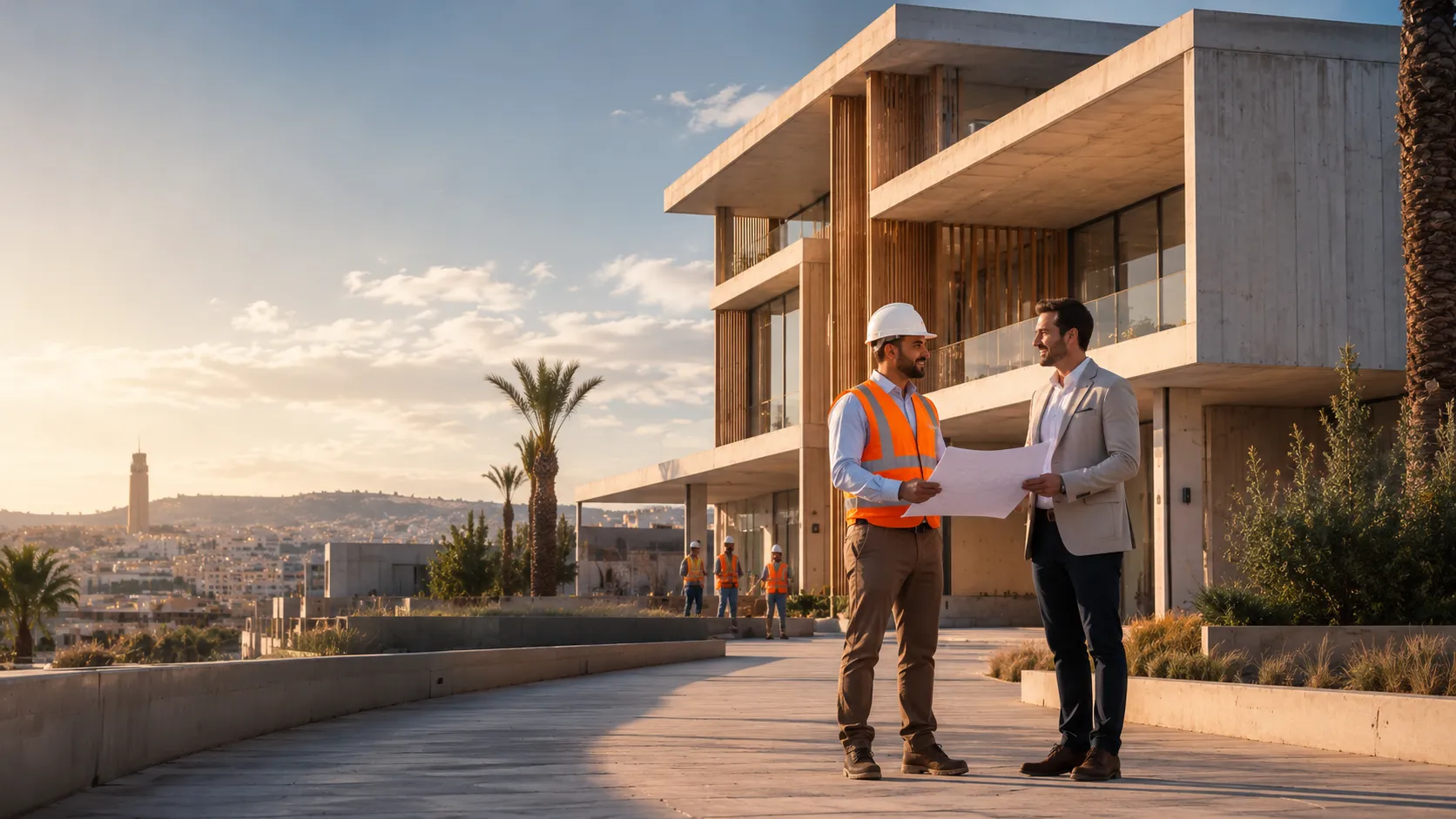 Two men discussing blueprints outside a modern concrete building during sunset, with one wearing a white hard hat and orange safety vest and the other in a light blazer, while three workers in hard hats and safety vests stand in the background near palm trees.