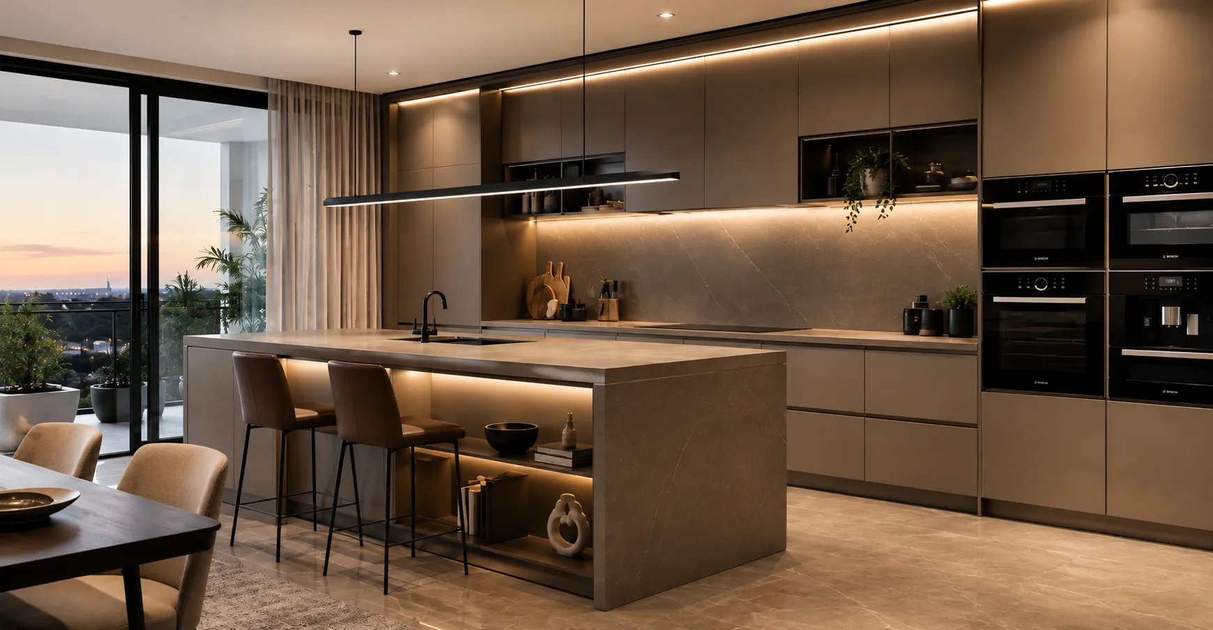 Modern kitchen with a large island featuring built-in shelves and two brown bar stools, sleek beige cabinets, built-in Bosch appliances, under-cabinet lighting, and a sliding glass door opening to a balcony with plants during sunset.