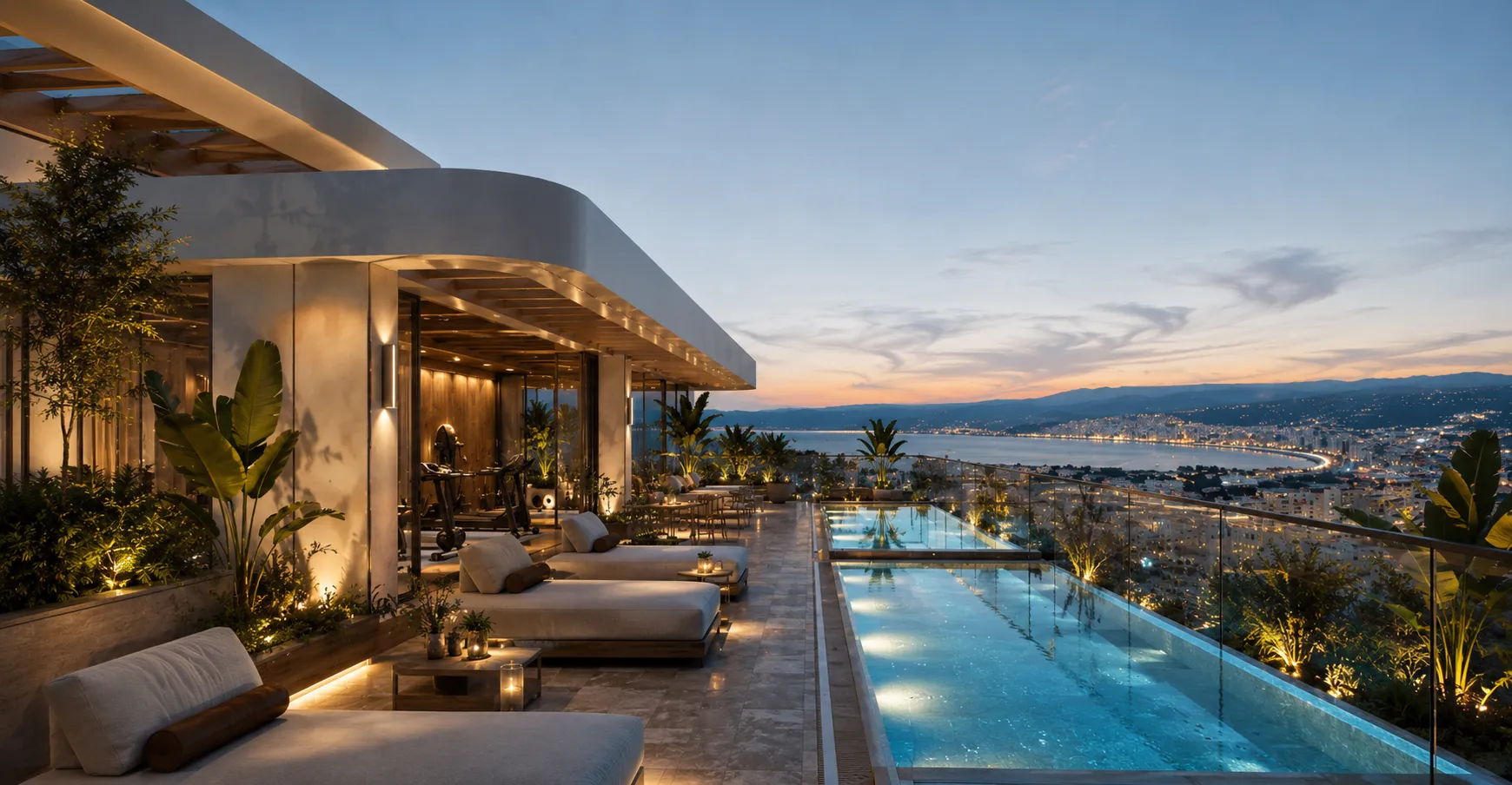 Modern rooftop terrace with illuminated infinity pool and lounge chairs overlooking a cityscape at sunset with distant mountains and partly cloudy sky.