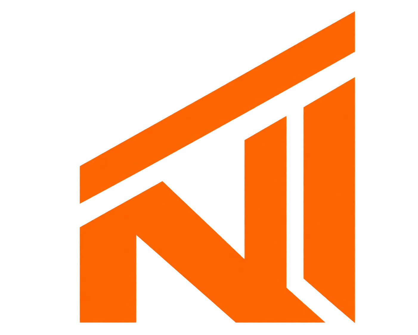 Abstract, angular orange geometric shape resembling interconnected arrows or stylized letters on a transparent background.