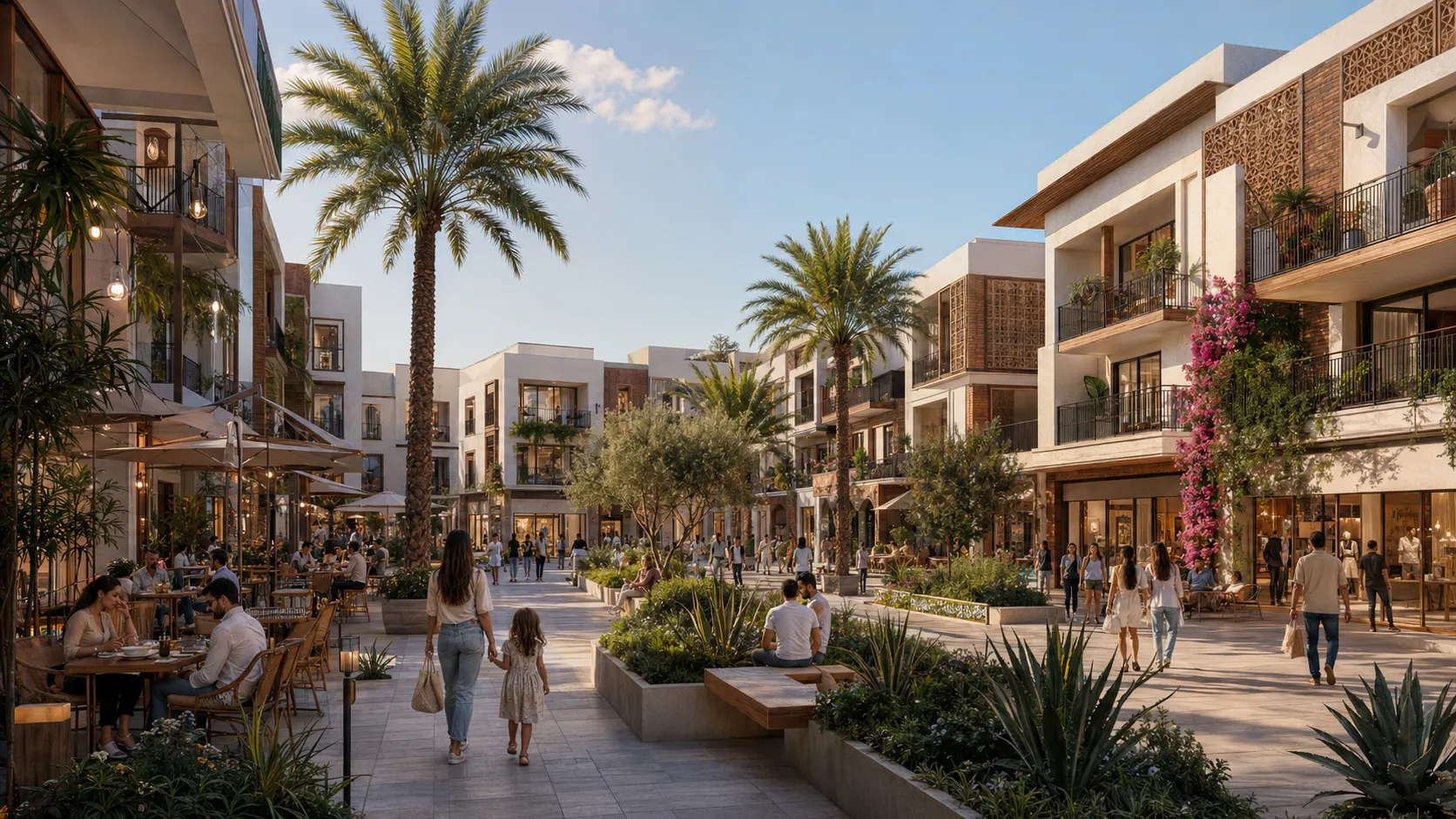 Outdoor urban plaza with modern white multi-story buildings featuring balconies and greenery, palm trees along a wide pedestrian walkway lined with planters, benches, and people dining at outdoor cafes and strolling, under a clear blue sky.