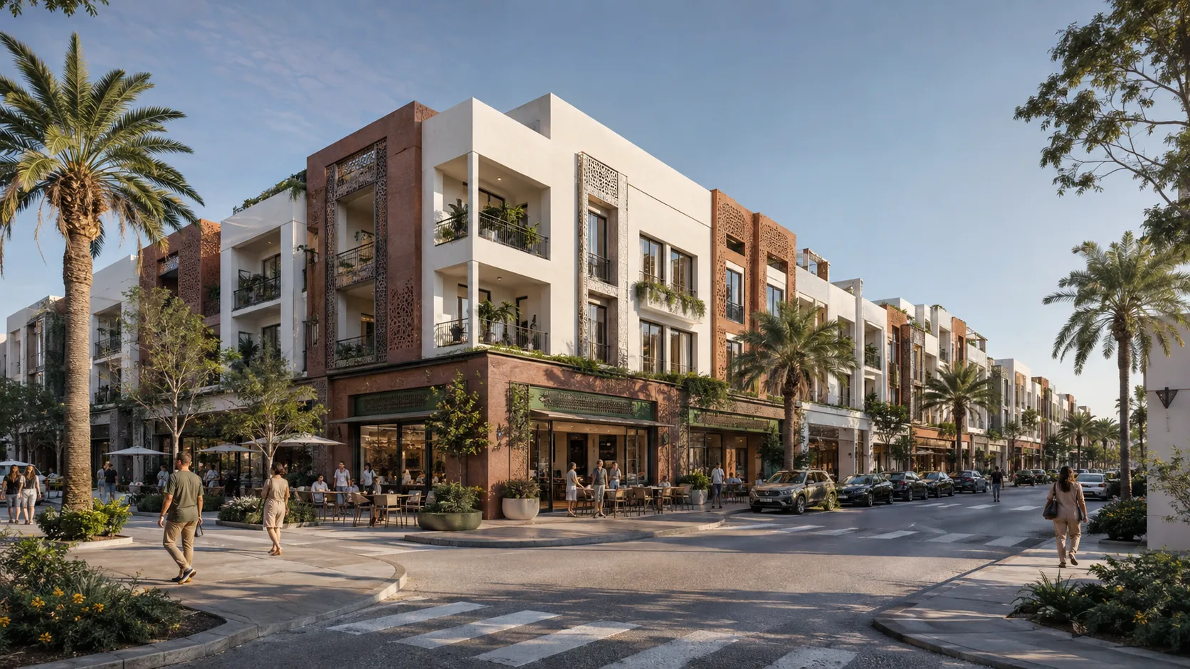 Modern mixed-use building with white and brown accents, decorated with greenery and balconies, along a street lined with palm trees and parked cars, with pedestrians walking and outdoor seating at cafes.