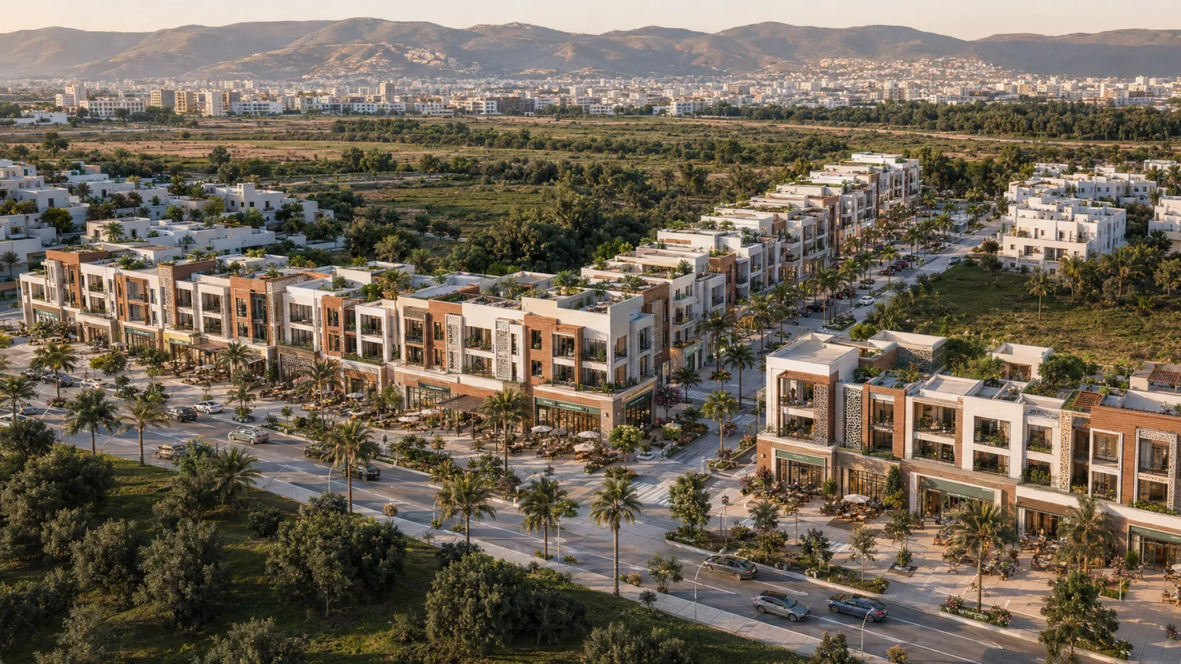 Aerial view of a modern residential and commercial neighborhood with rows of low-rise buildings featuring shops and outdoor seating, palm-lined streets, greenery, and hills in the background during golden hour.
