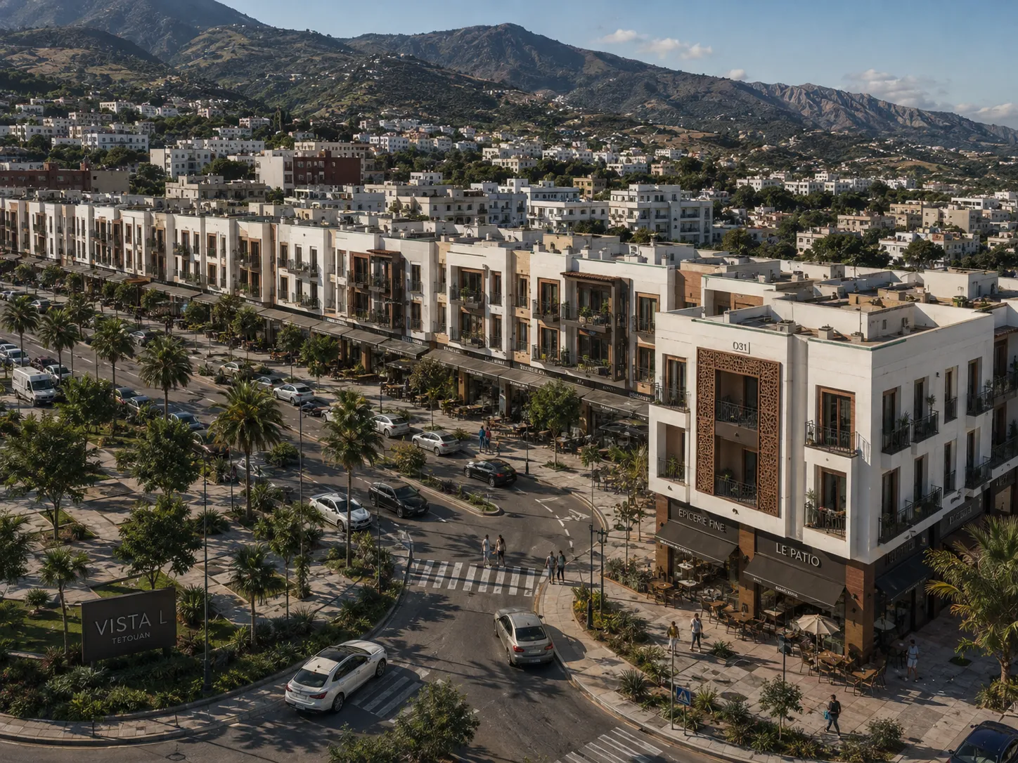 A modern urban commercial and residential area with a wide street lined by palm trees, parked cars, and low-rise buildings with cafes and shops on the ground floor, set against a backdrop of green hills and mountains under a partly cloudy sky.