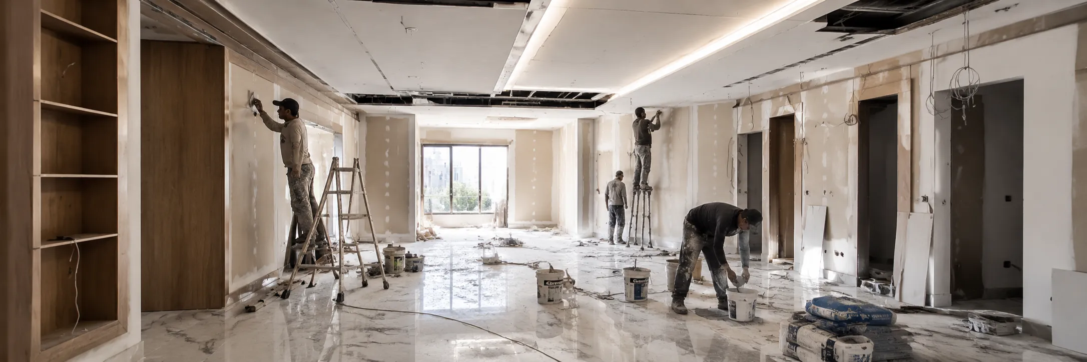 Wide view of an indoor construction site with five workers engaged in wall finishing and plastering tasks on ladders and stilts in a large room with marble flooring and unfinished walls.