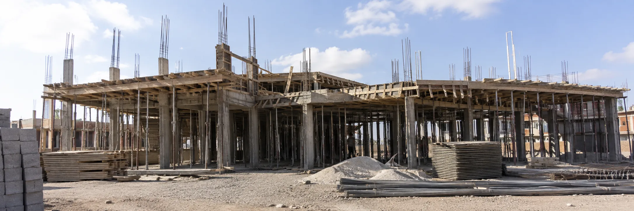 Concrete building under construction with pillars and scaffolding, a pile of sand, stacks of wooden boards and metal rods on a dirt ground under a partly cloudy sky.