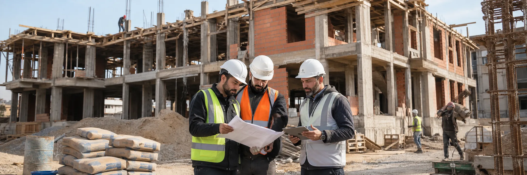 Three construction workers wearing white helmets and safety vests reviewing blueprints and a tablet in front of a partially built concrete and brick building at a construction site with stacks of cement bags and other workers in the background.