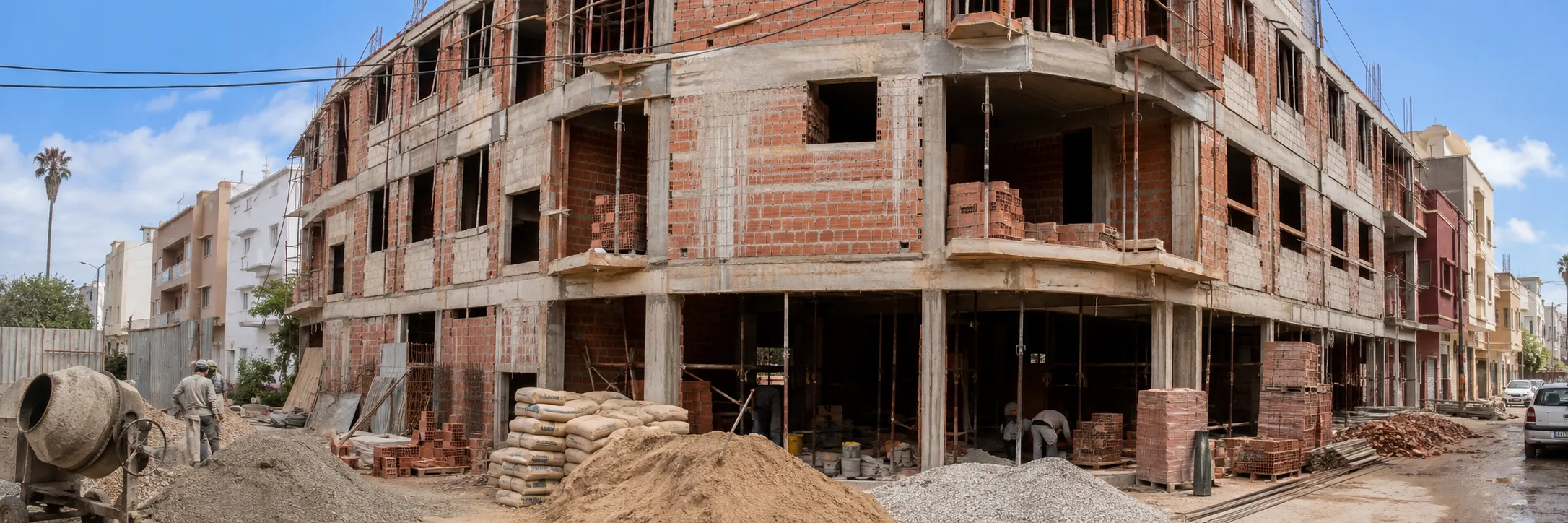 Large multi-story building under construction with exposed red brick walls, concrete framework, and scaffolding, with construction materials such as cement bags, sand, gravel, and brick stacks in front, and two workers onsite, on a bright day with a blue sky and clouds.