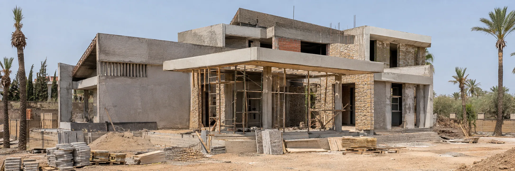 Large modern house under construction with concrete structure and stone walls surrounded by construction materials and palm trees on a dusty lot under clear sky.