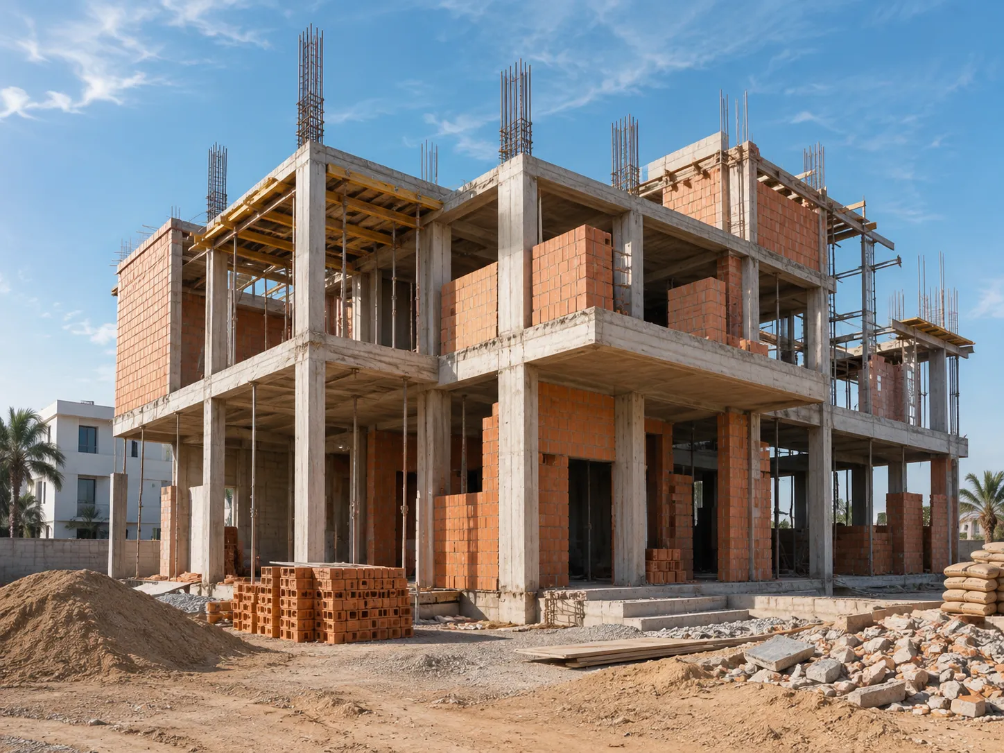 Multi-story building under construction with concrete pillars and brick walls partially built, surrounded by construction materials and dirt, under a blue sky.