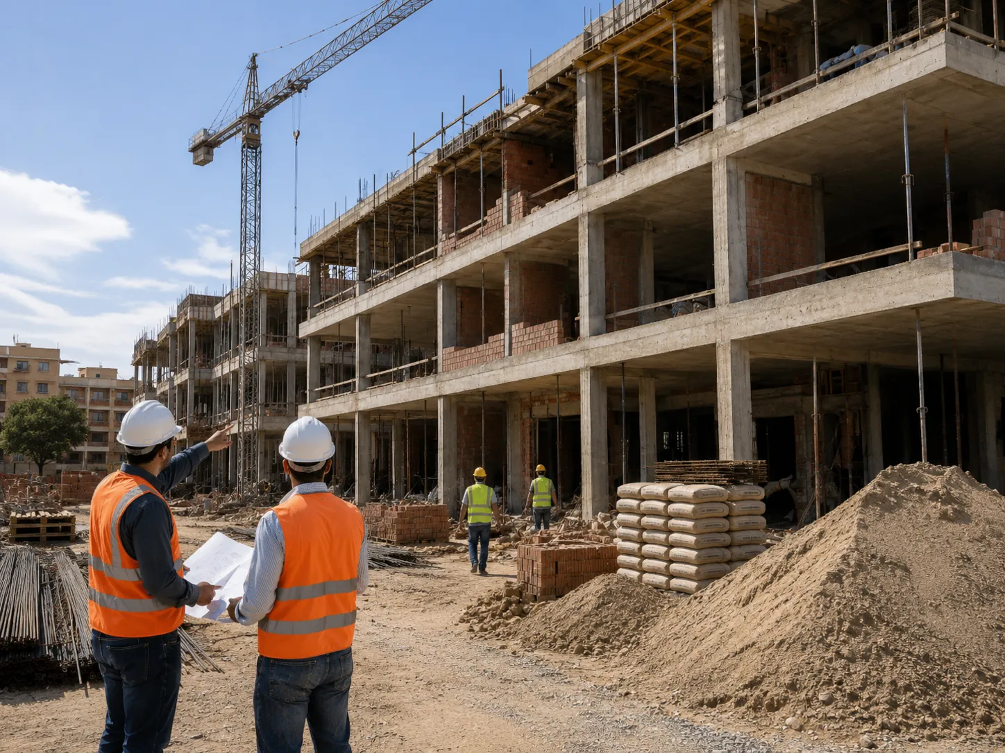 Two construction workers in orange safety vests and white helmets review blueprints at a building site with an unfinished multi-story concrete structure, piled sand, and stacks of cement bags under a clear sky.
