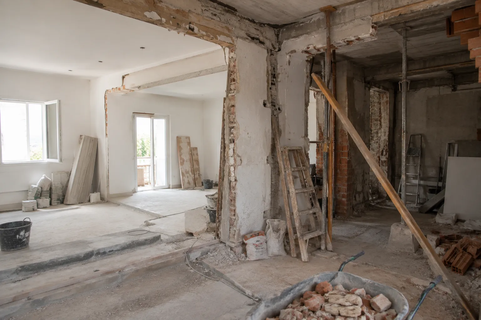 Interior view of an unfinished construction site showing exposed brick walls, a wheelbarrow filled with debris, wooden supports, ladders, bags of materials, and large open spaces with windows and doorways.