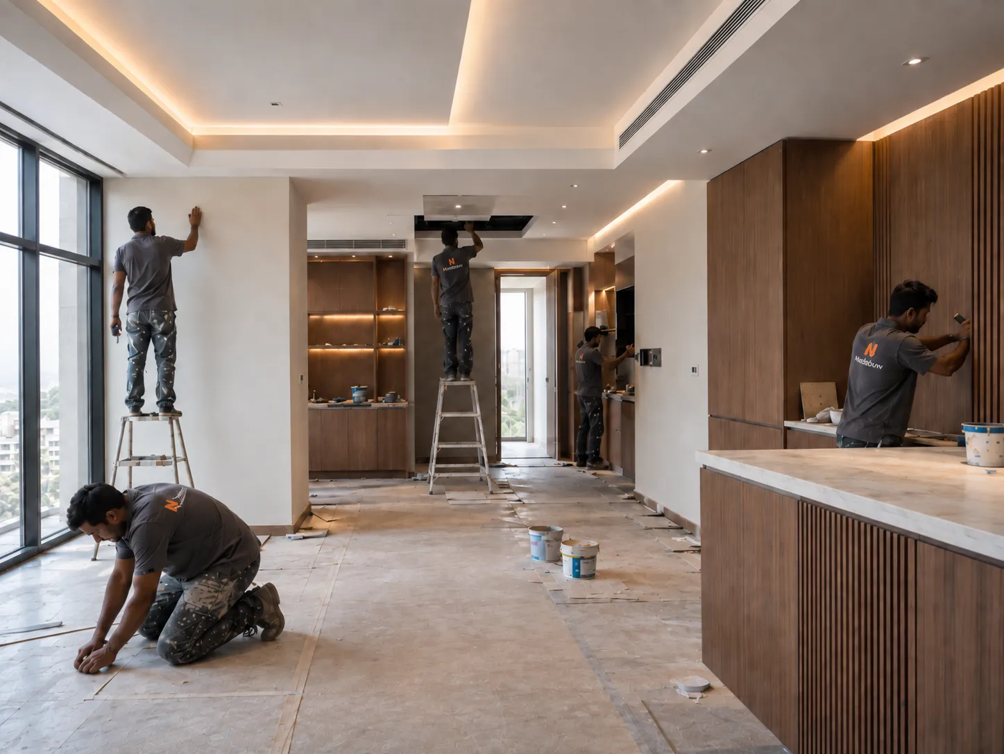 Five workers renovating a modern apartment with large windows and wood cabinetry, some on ladders working on walls and ceiling, one working on floor, and another working near a kitchen area with marble countertop, with paint buckets and renovation materials on the floor.