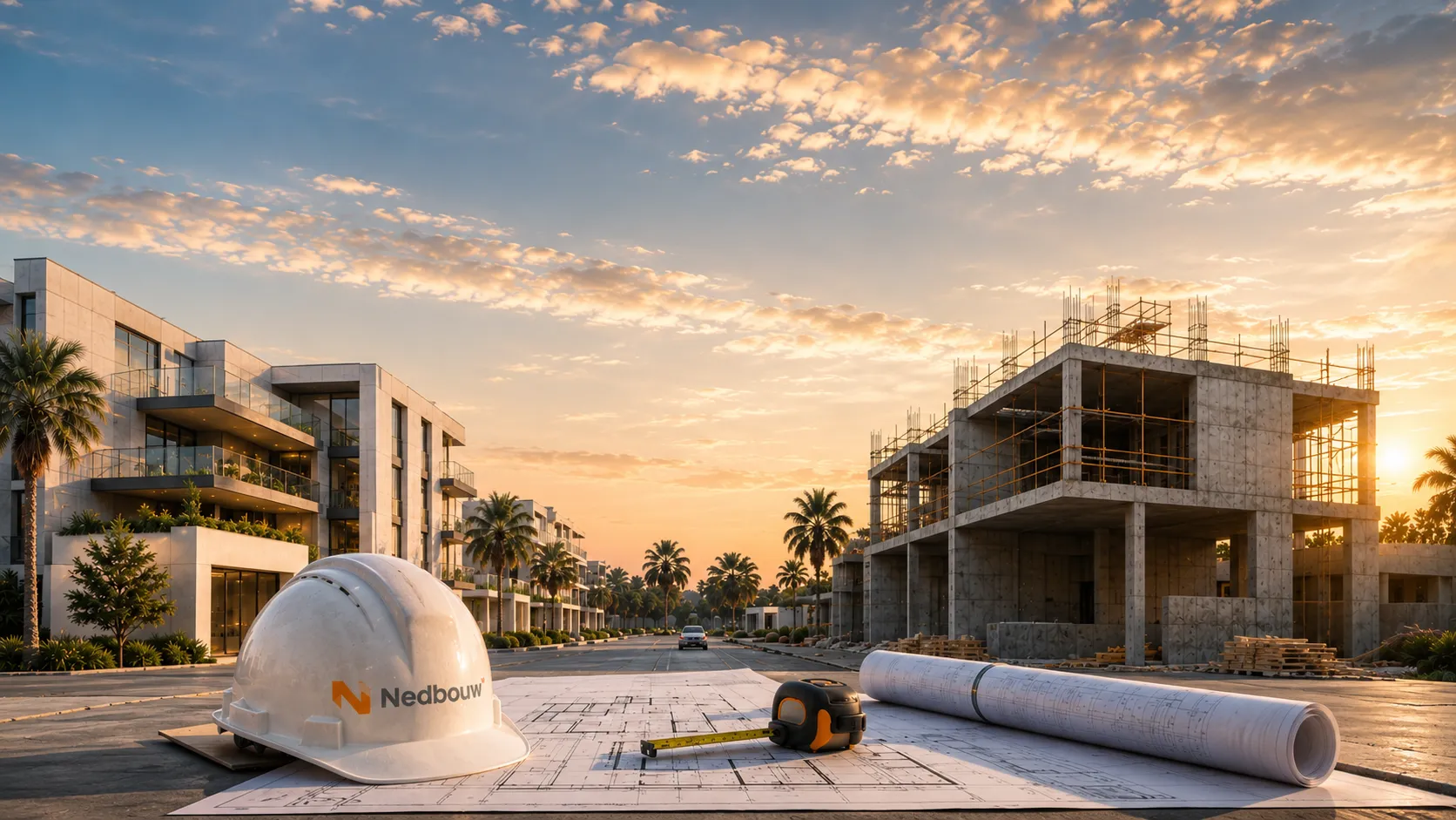 Construction site at sunset with modern buildings and palm trees along the street, featuring a white hard hat labeled Nedbouw, a measuring tape, and architectural blueprints in the foreground.