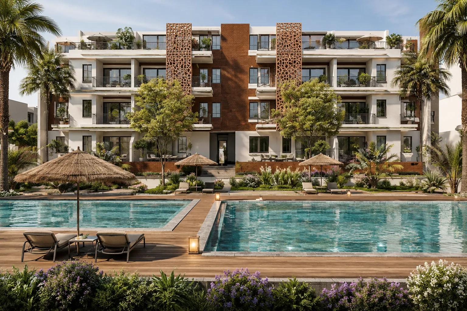 Modern three-story apartment building with balconies, two large swimming pools in front, wooden pool deck with lounge chairs and thatched umbrellas, surrounded by lush greenery and palm trees under a clear sky.