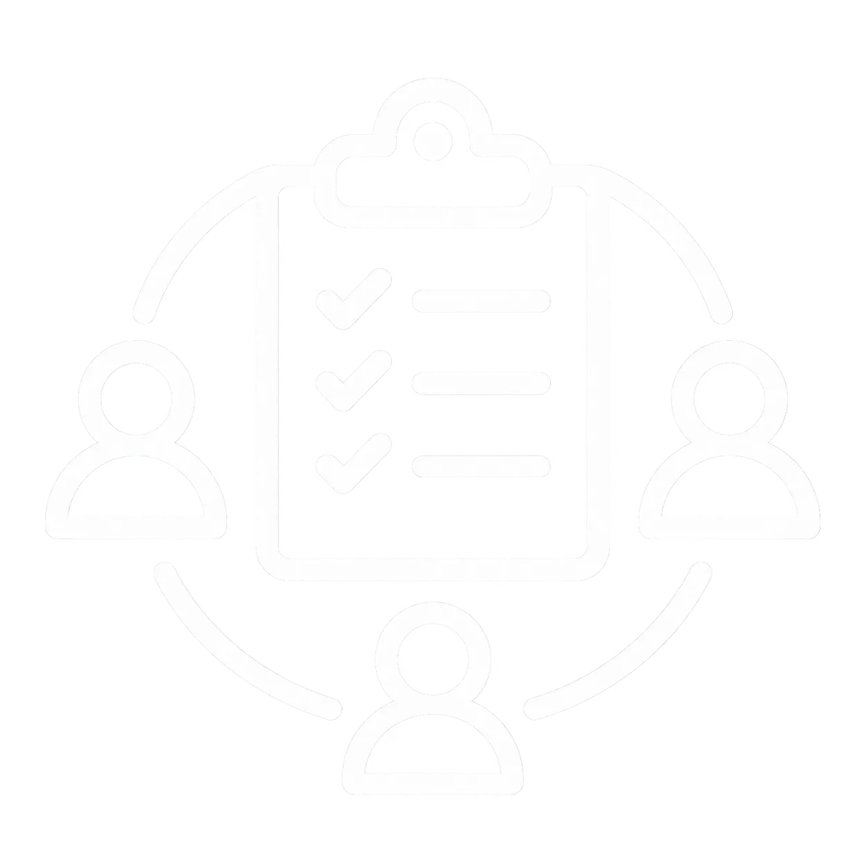 Icon showing three connected user figures around a clipboard with a checklist of three items, each marked with a checkmark, symbolizing teamwork and task management.