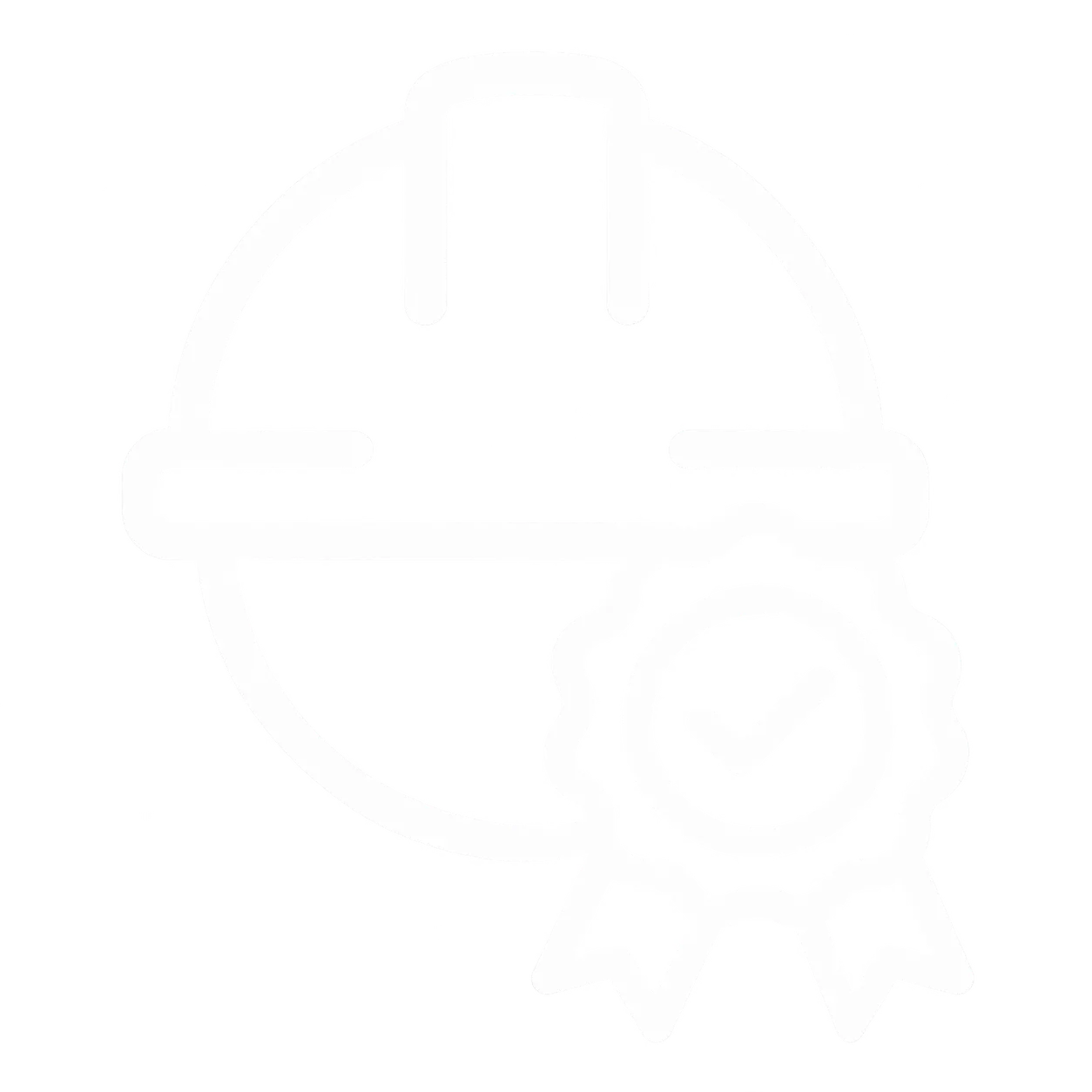 Outline icon of a construction helmet with a quality certification ribbon featuring a checkmark in front of it.