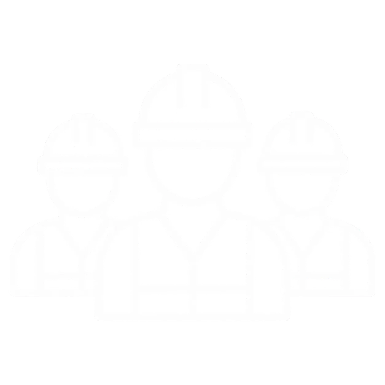 Icon of three construction workers wearing safety helmets and vests, arranged with one larger figure in front and two smaller figures behind on each side.