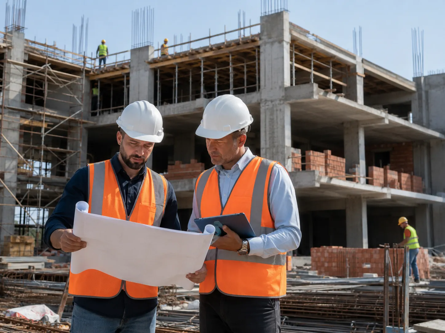 Two construction workers wearing white hard hats and orange safety vests reviewing blueprints at a building site with an unfinished concrete structure in the background.