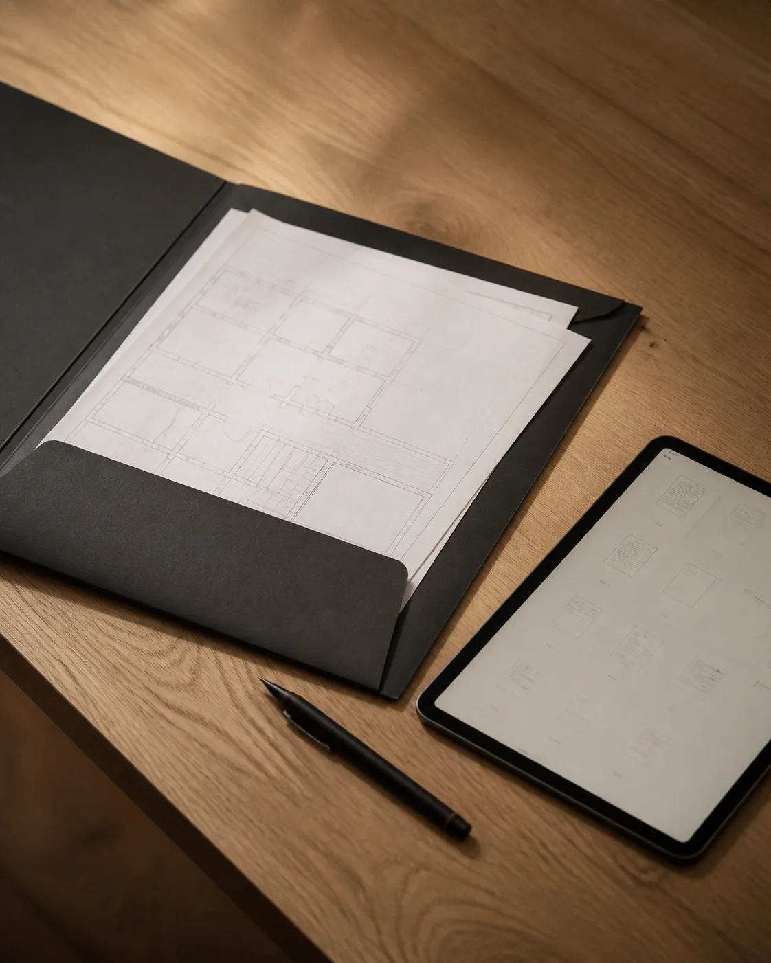 Projektmappe mit Gebäudegrundriss und technischer Dokumentation