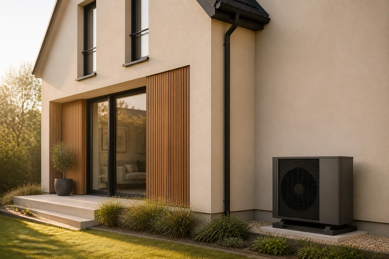 Einfamilienhaus mit heller Fassade, Holzverkleidung und Wärmepumpe im Garten