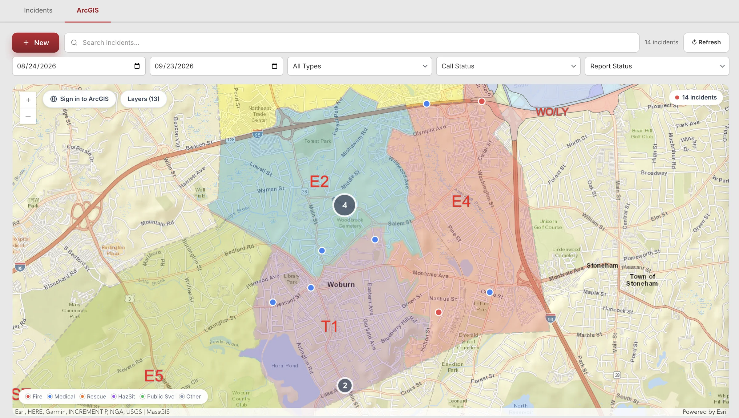 Odyssey incidents map showing fire district boundaries and incident locations