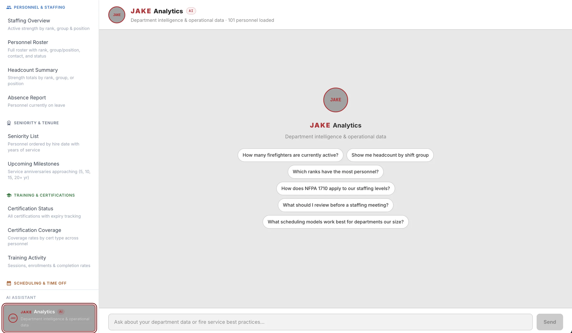 JAKE Analytics, Odyssey's AI assistant, with suggested questions about department staffing