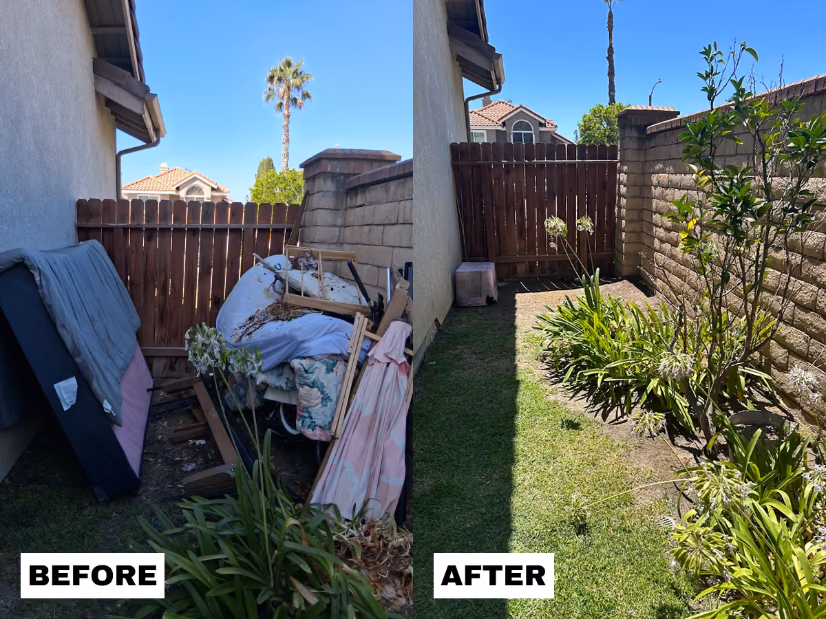 Side-by-side before and after photos of a small outdoor backyard area; the 'before' side is cluttered with discarded furniture, debris, and a broken umbrella, while the 'after' side shows a clean and tidy space with trimmed plants, green grass, and no clutter under clear blue skies.