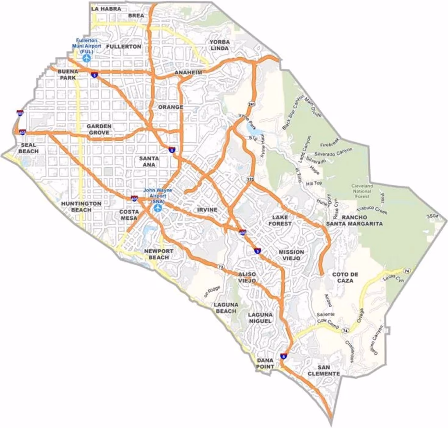 Map of Orange County, California, showing major cities, highways, airports, and natural areas including Fullerton, Anaheim, Santa Ana, Irvine, Huntington Beach, Newport Beach, Laguna Beach, and San Clemente, with highways 5, 55, 57, 73, 133, 241, 405, and 605 marked, plus John Wayne Airport and Fullerton Municipal Airport icons.