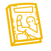 Yellow comic book icon featuring two characters and a speech bubble on the cover.