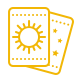 Yellow outlined icon of two tarot cards, one with sun and the other with star symbols on a black background.