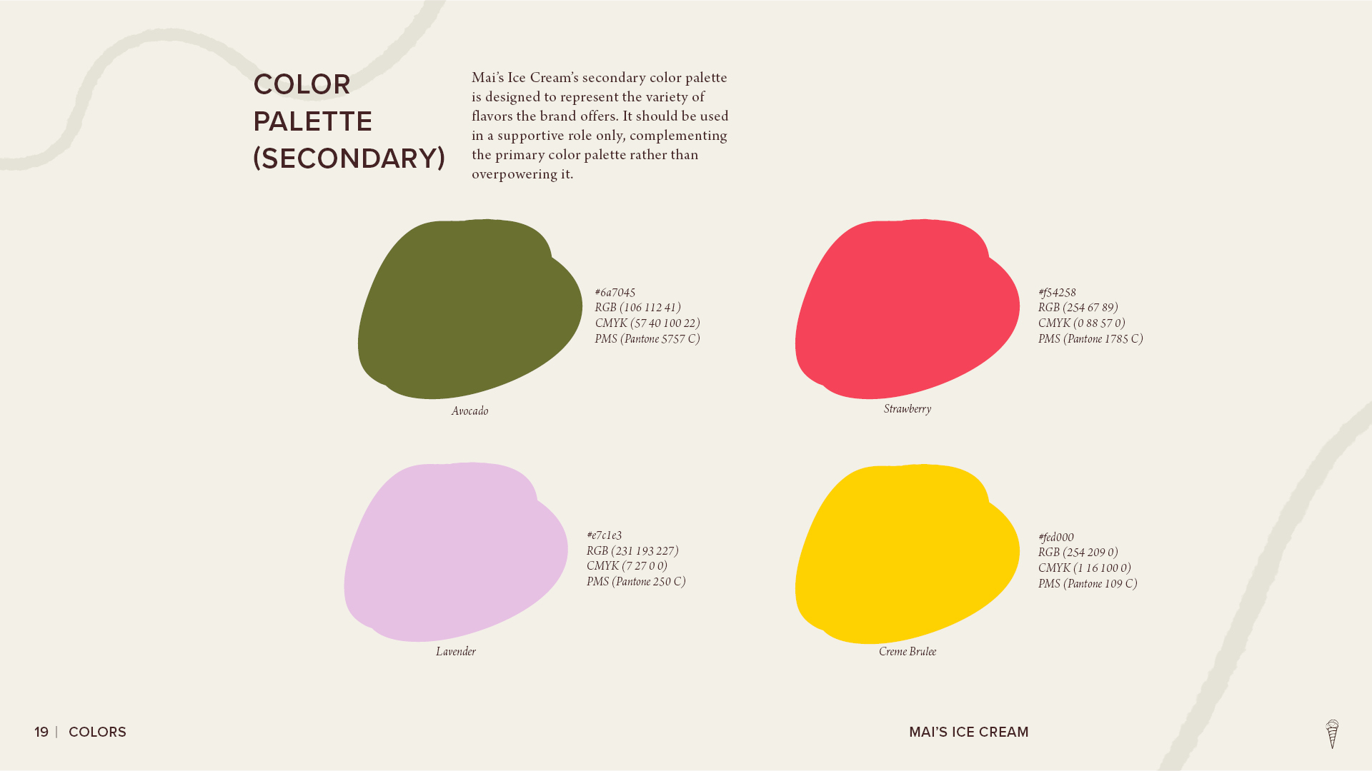 Mai’s Ice Cream secondary color palette page showing avocado green, strawberry red, lavender, and crème brûlée yellow with color codes for each accent color.