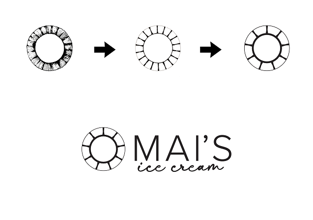Mai’s Ice Cream logo development showing the refinement of a circular sunburst-style symbol from sketch to final mark, paired with the finished wordmark.