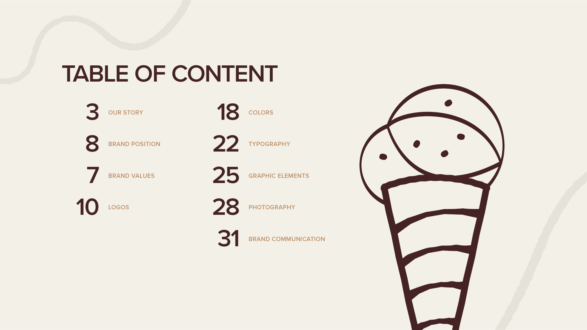 Mai’s Ice Cream brand style guide table of contents, listing sections for brand story, values, logos, colors, typography, graphic elements, photography, and communication beside an illustrated ice cream cone.