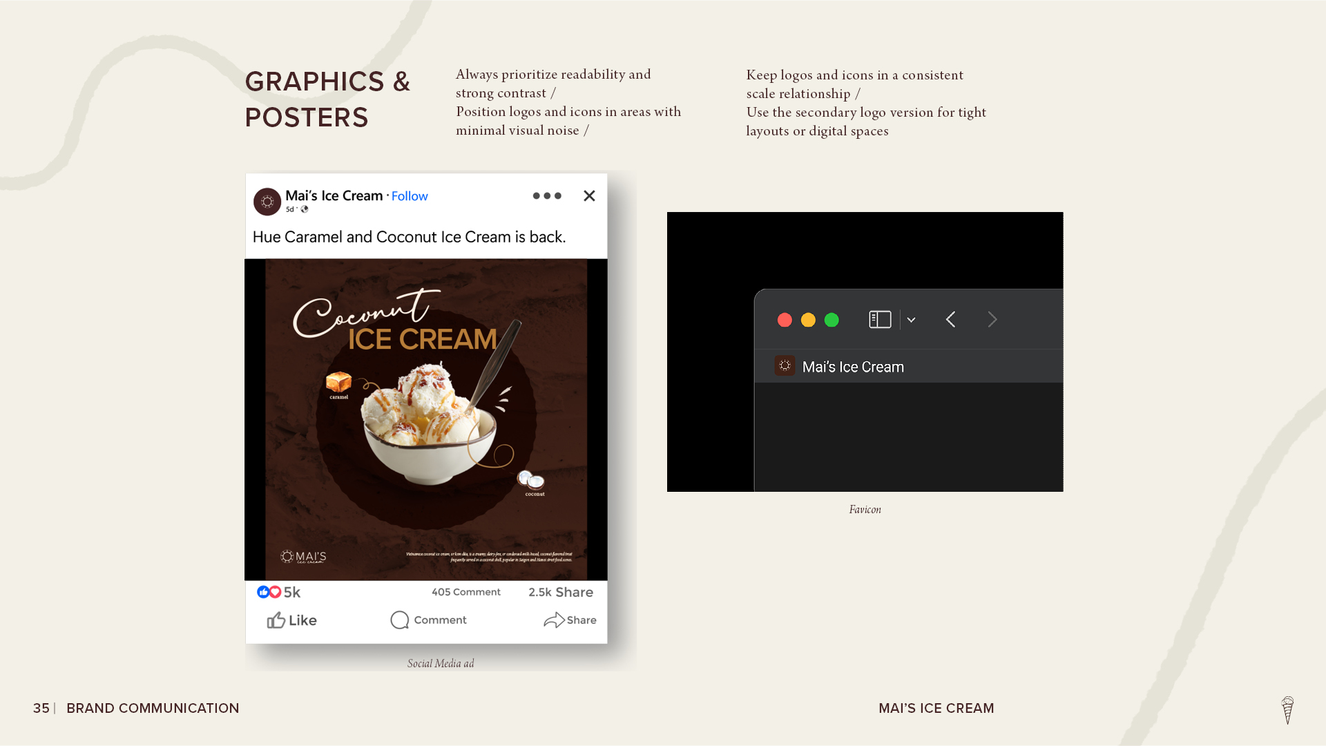 Mai’s Ice Cream graphics and posters page showing a branded social media ad for coconut ice cream and a browser favicon example.