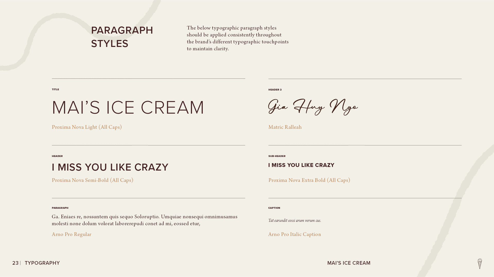Mai’s Ice Cream paragraph styles page showing the brand’s typography hierarchy for titles, headers, subheaders, body text, and captions using its selected typefaces.
