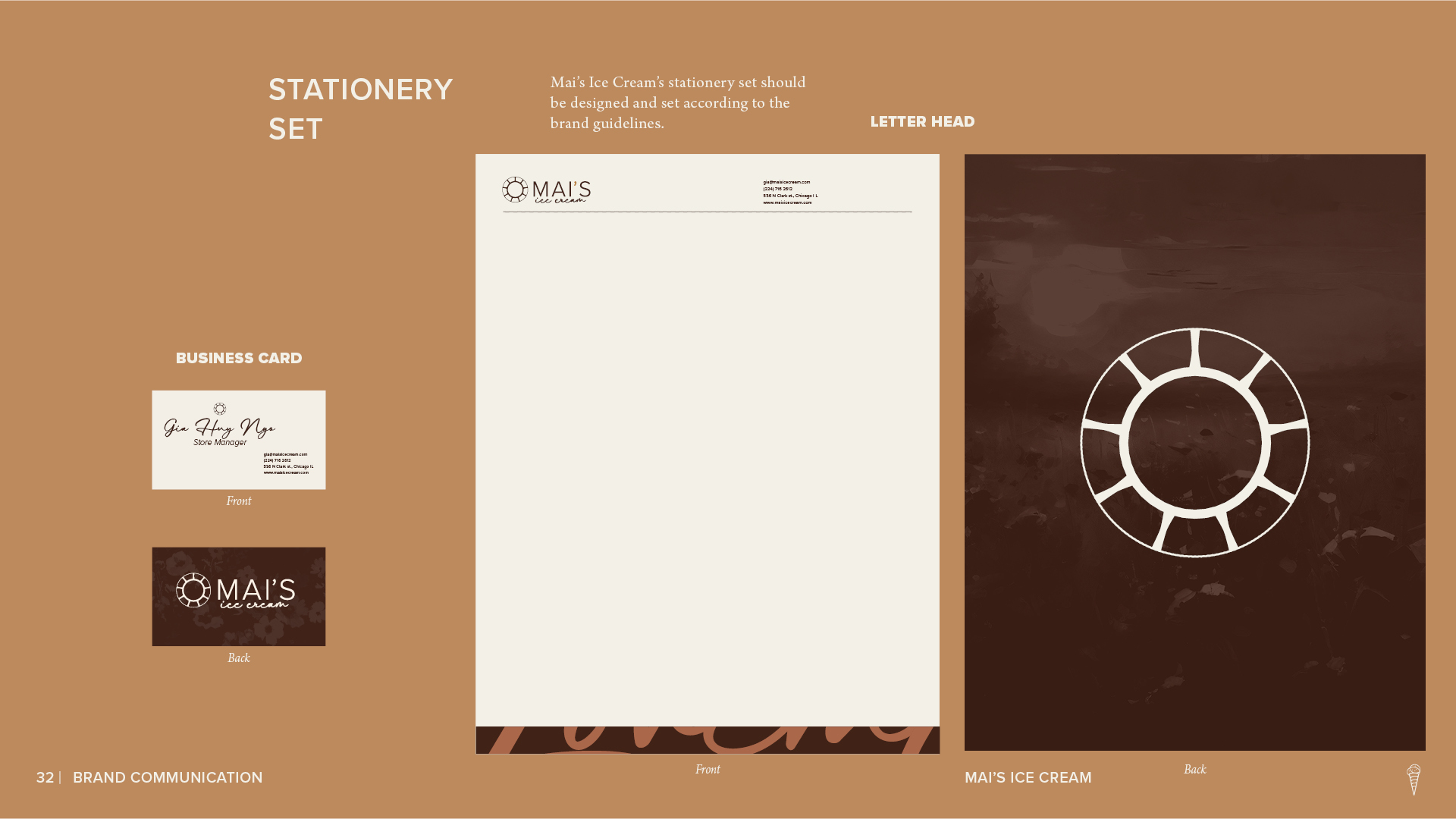 Mai’s Ice Cream stationery set page showing branded business cards and letterhead designs in cream, brown, and gold.