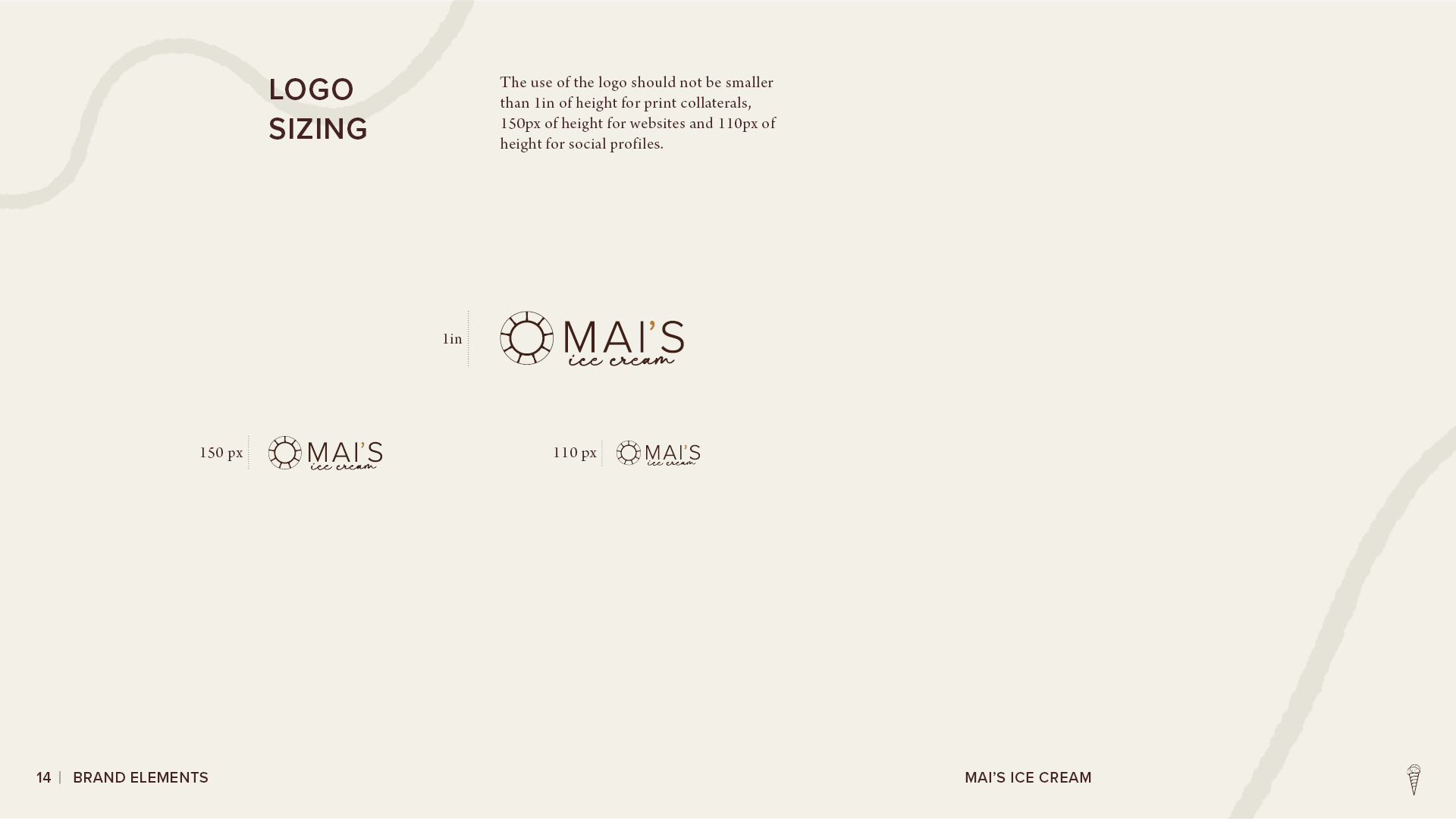 Mai’s Ice Cream logo sizing guidelines showing recommended minimum logo dimensions for print, website, and social media applications.
