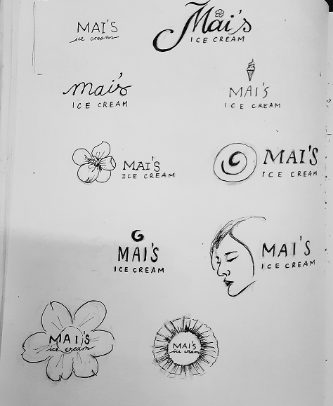 Hand-drawn Mai’s Ice Cream logo explorations featuring script and serif wordmarks, floral symbols, an ice cream cone, circular motifs, and a profile illustration.
