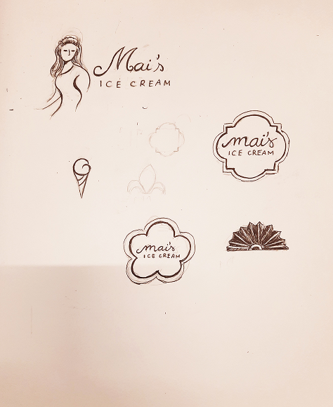 Early logo concept sketches for Mai’s Ice Cream, featuring handwritten wordmarks, floral badge shapes, an ice cream cone, and decorative graphic motifs.